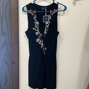 Kaari Blue Black Romper with Floral Embroidery